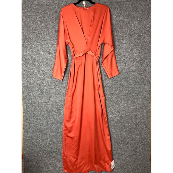 NEW ASOS Coral Orange Satin Maxi Dress Long Sleeve Tie Waist Elegant Formal‎ 10 - Picture 2 of 12